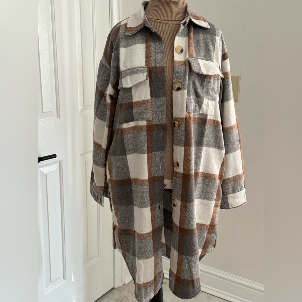 207. Plaid Print Shacket Jacket,Button Front Long Sleeve Mid Length - Picture 10 of 10